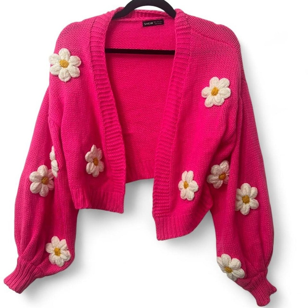pink cropped cardigan with white daisy appliqués, size S